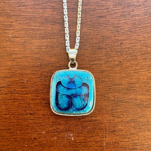 Vintage 1940s -1950s Sterling Silver Egyptian Revival Scarab Enamel Necklace✨ - Picture 10 of 15